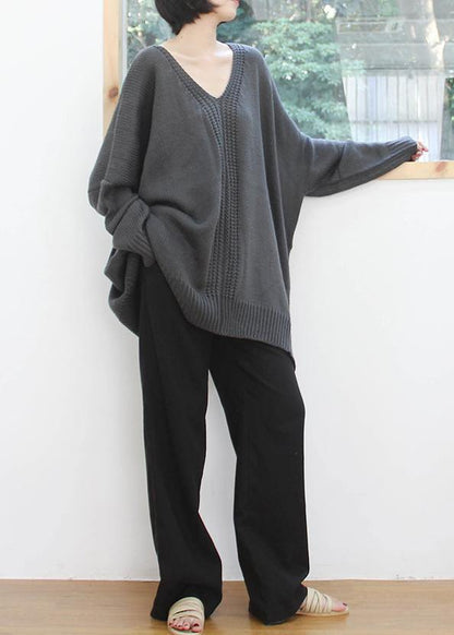 Dark Gray Knitted Blouse Fall V Neck Batwing Sleeve Knitted Clothes