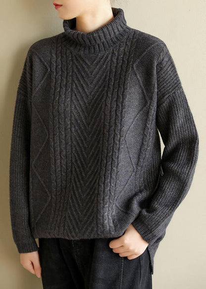 Gray Black Knitted Top Cable High Neck Knitwear