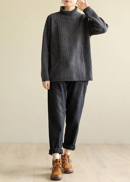 Gray Black Knitted Top Cable High Neck Knitwear