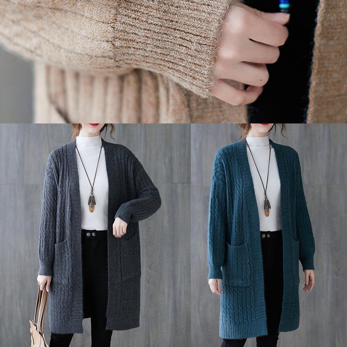 Knit Sweat Tops Khaki Pockets Baggy Coats