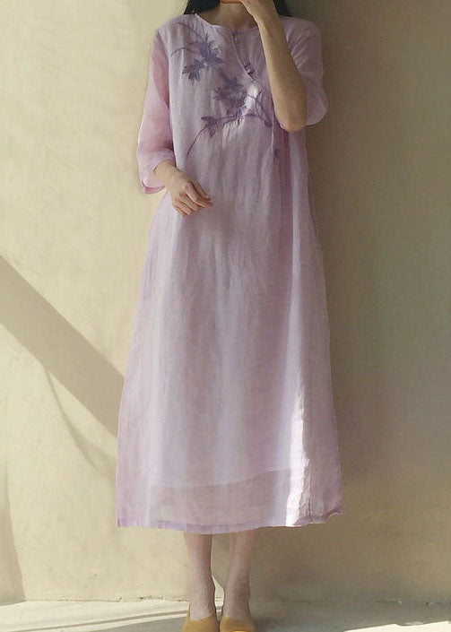 Light Purple O Neck Embroideried Patchwork Cotton Dress Summer