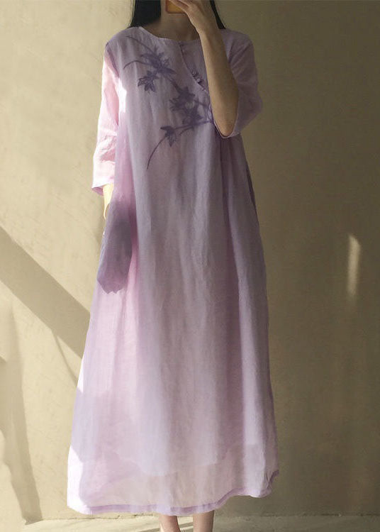Light Purple O Neck Embroideried Patchwork Cotton Dress Summer