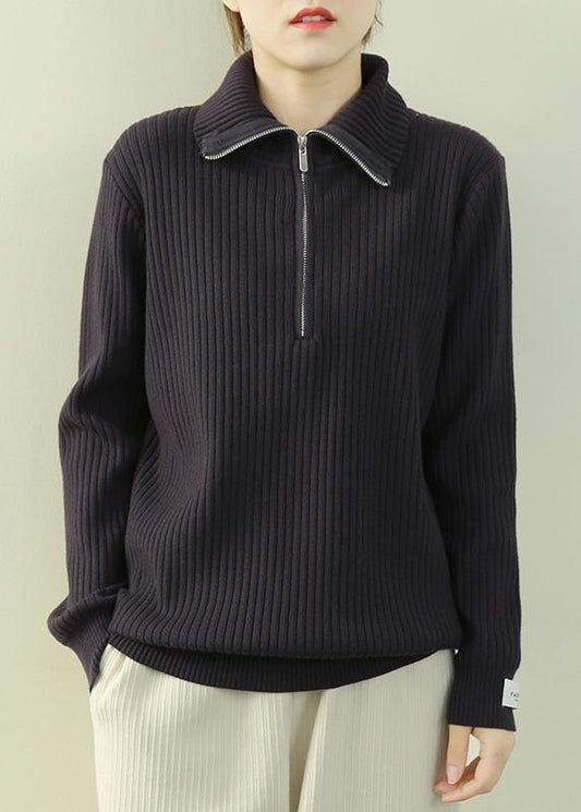 Navy Knitted Clothes Lapel Zippered Loose Fitting Knit Tops