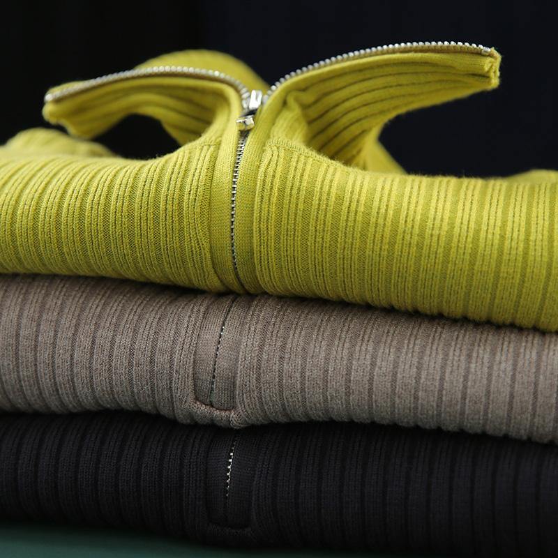 Navy Knitted Clothes Lapel Zippered Loose Fitting Knit Tops