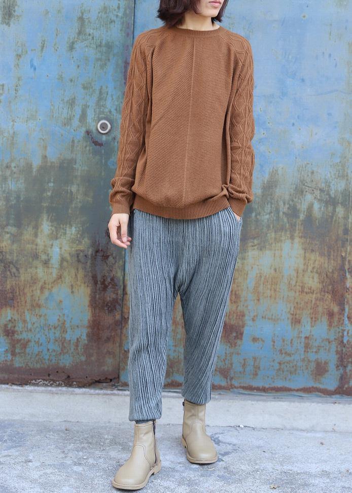 O Neck Cable Khaki Knit Sweat Tops Side Open Sweater Blouse