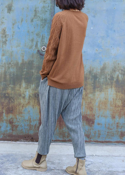 O Neck Cable Khaki Knit Sweat Tops Side Open Sweater Blouse