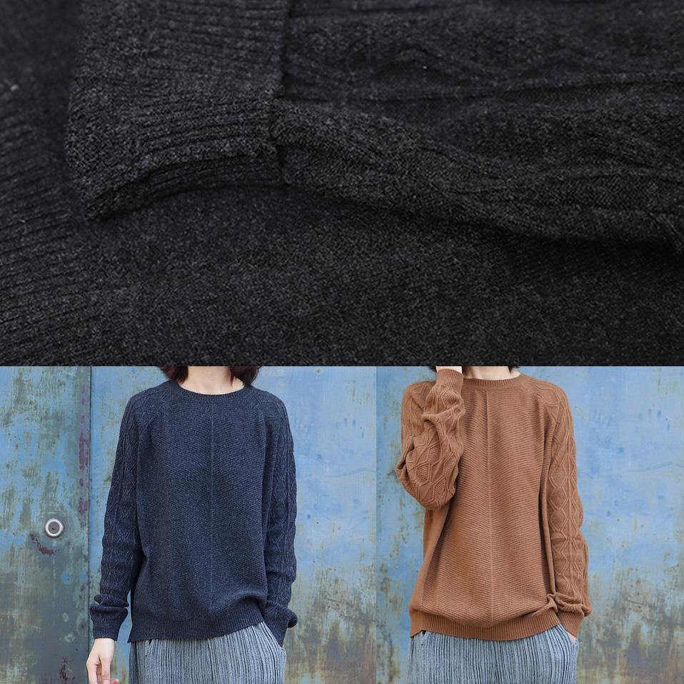 O Neck Cable Khaki Knit Sweat Tops Side Open Sweater Blouse