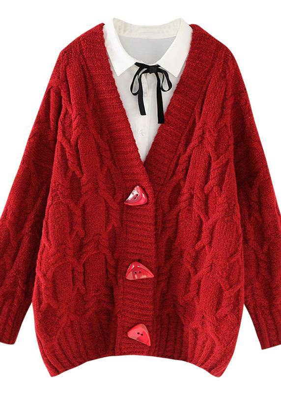 Red Knitted Outwear Spring V Neck Button Knit Outwear