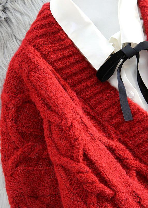 Red Knitted Outwear Spring V Neck Button Knit Outwear