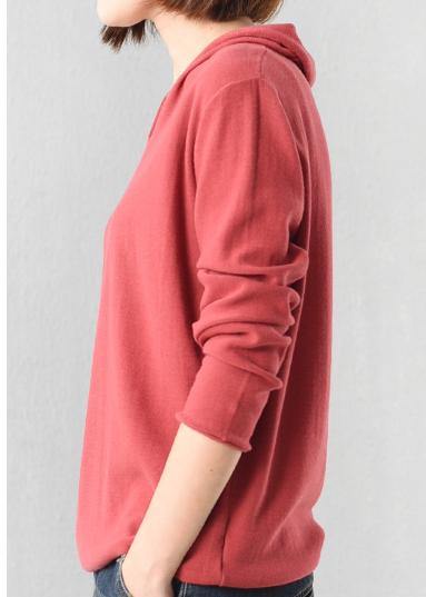 Red V Neck Knitted Outwear Loog Sleeve Knit Outwear Fall