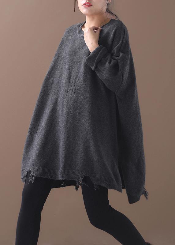 Winter Gray Knitted Blouse Hole Knit Tops