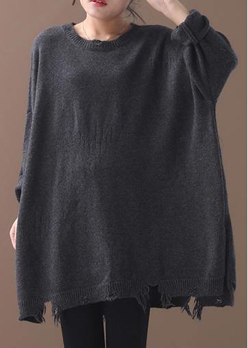 Winter Gray Knitted Blouse Hole Knit Tops