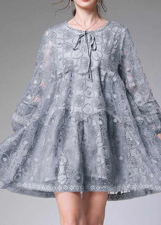 Grey Long Sleeve Lace Summer Maxi Dresses