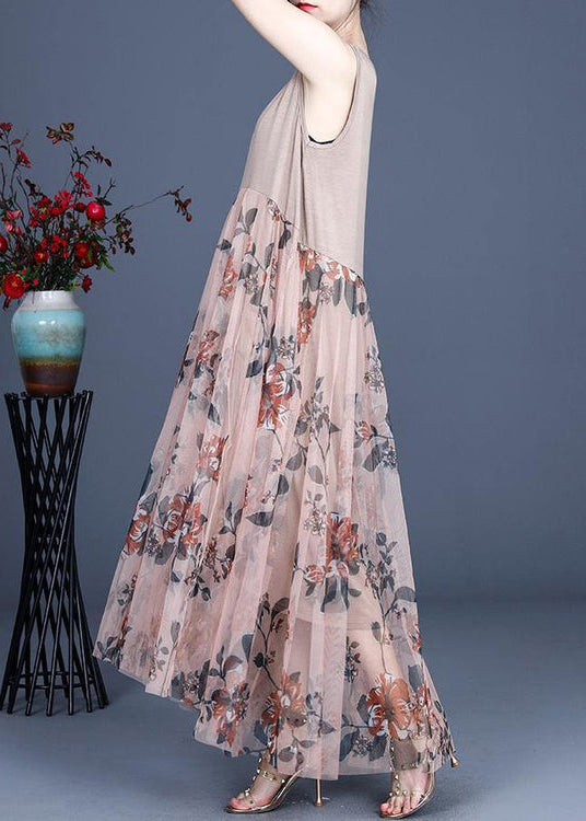 Pink Print Lace Dress O-neck Sleeveless Summer Dresses