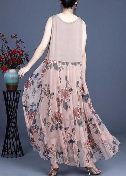Pink Print Lace Dress O-neck Sleeveless Summer Dresses