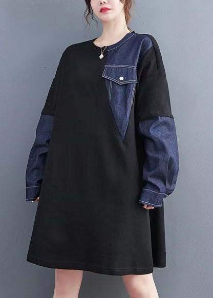 Black Patchwork Denim Blue Sweater Dresses Quotes Pockets Baggy Sweater Dresses