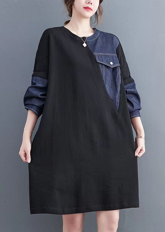 Black Patchwork Denim Blue Sweater Dresses Quotes Pockets Baggy Sweater Dresses