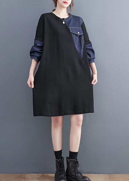 Black Patchwork Denim Blue Sweater Dresses Quotes Pockets Baggy Sweater Dresses