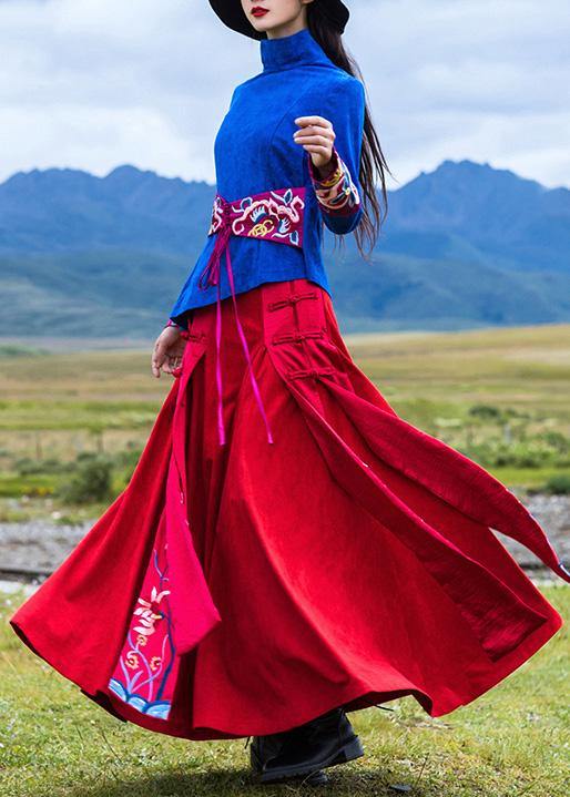 Vivid Chinese Button Cotton Embroidery Outfit Outfits Red Cotton Skirts