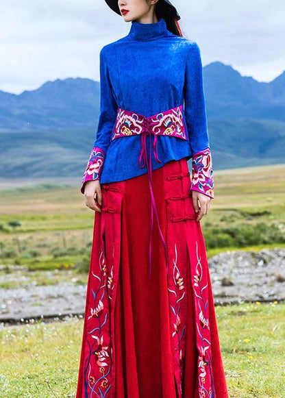 Vivid Chinese Button Cotton Embroidery Outfit Outfits Red Cotton Skirts
