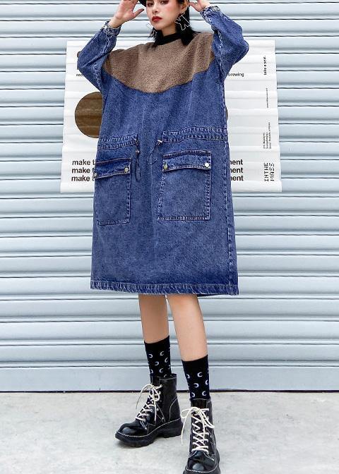Vivid Denim Blue Clothes Patchwork Drawstring Robe Spring Dresses