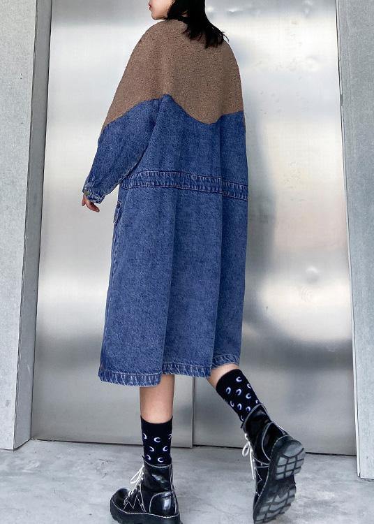 Vivid Denim Blue Clothes Patchwork Drawstring Robe Spring Dresses