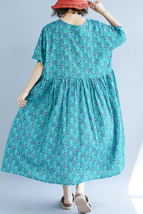 Vivid Blue Print Cotton Linen Clothes Fine Design O Neck Cinched Kaftan Summer Dress
