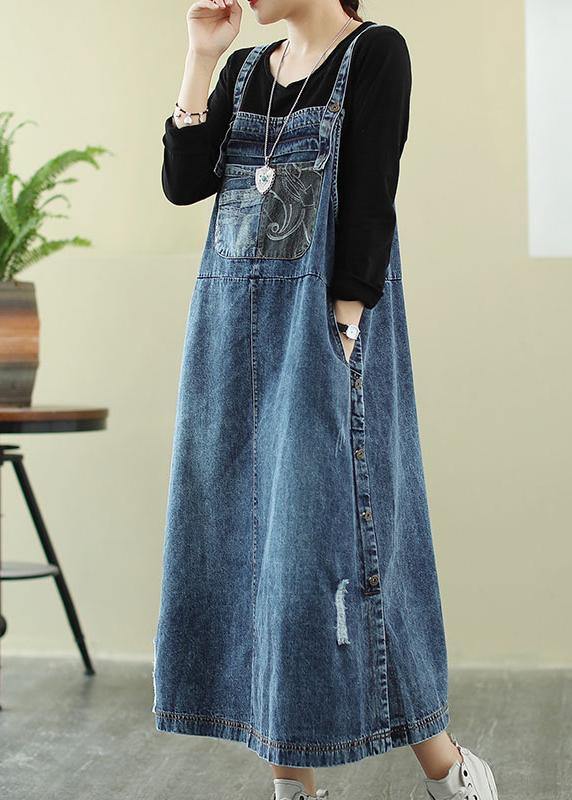 Vivid Denim Blue-letter Tunic Dress Slash Neck Hole Maxi Dress
