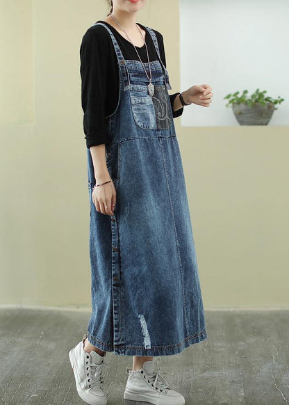 Vivid Denim Blue-red Flower Tunic Dress Slash Neck Hole Maxi Dress