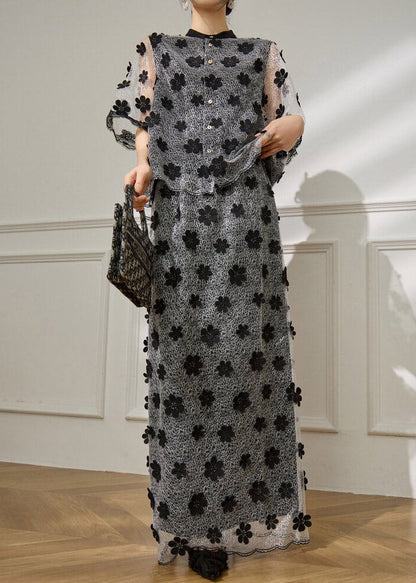 Vogue Black Embroidered Tulle Top and Maxi Skirts Two Pieces Set Short Sleeve