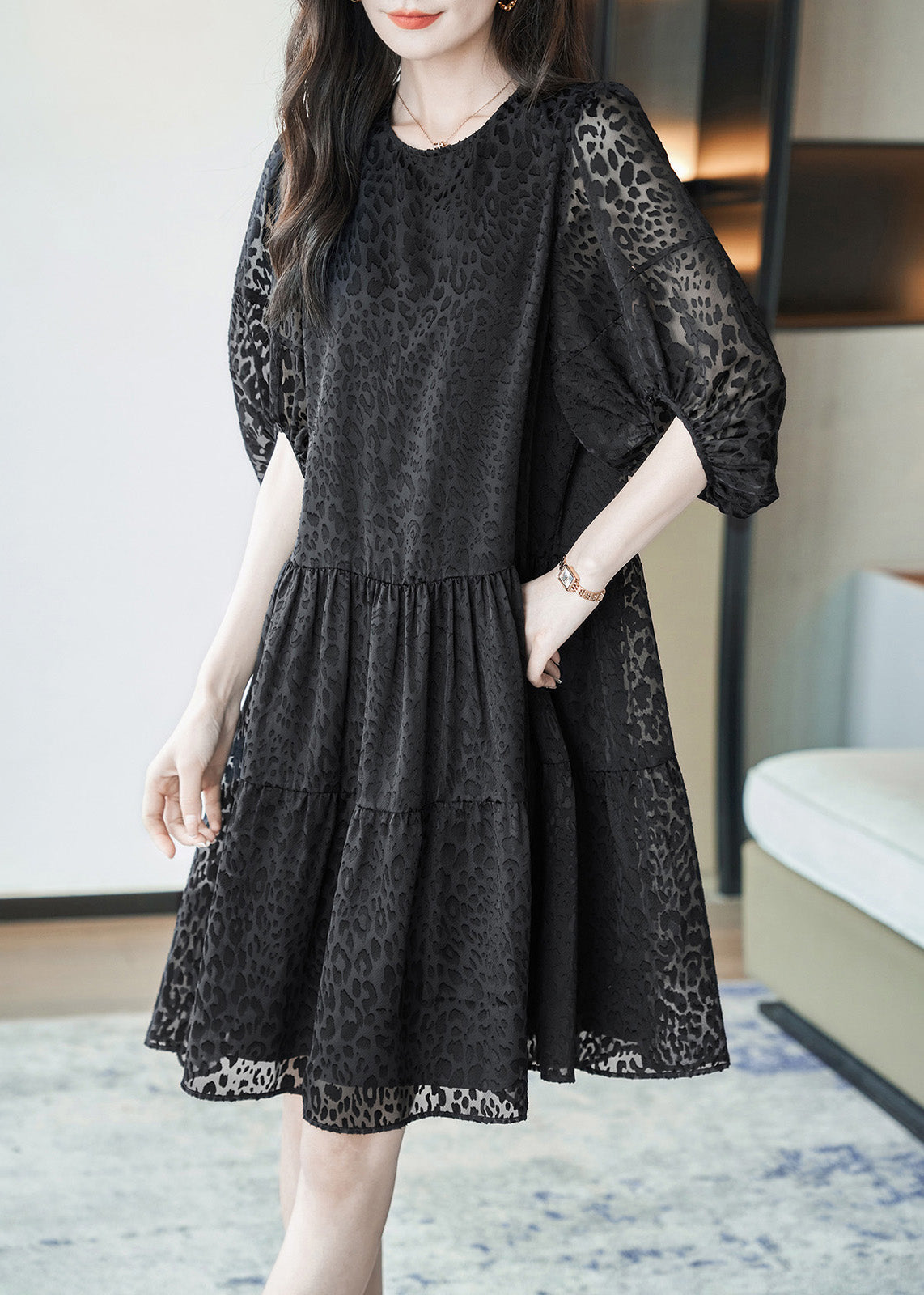 Vogue Black O-neck Print Mid Dresses Summer