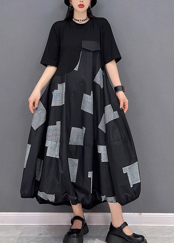 Vogue Black O-neck Print Patchwork Long Dress Short Sleeve