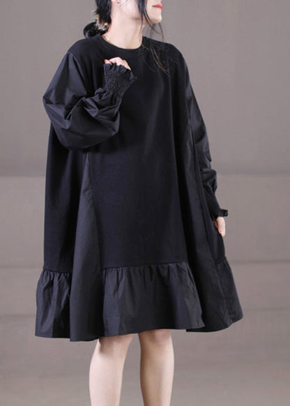 Vogue Black O-neck Ruffles Patchwork Mid Dresses Long Sleeve