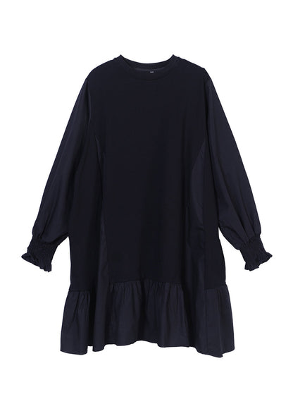 Vogue Black O-neck Ruffles Patchwork Mid Dresses Long Sleeve