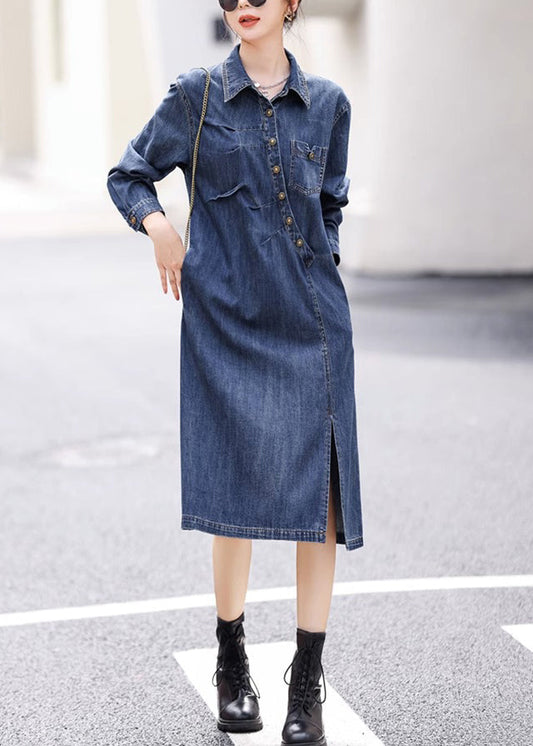 Vogue Blue Asymmetrical Patchwork Side Openopen Button Denim Long Dresses Fall