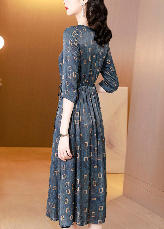 Vogue Blue O-neck Plaid Drawstring Tie Waist Silk Party Dress Half Sleeve