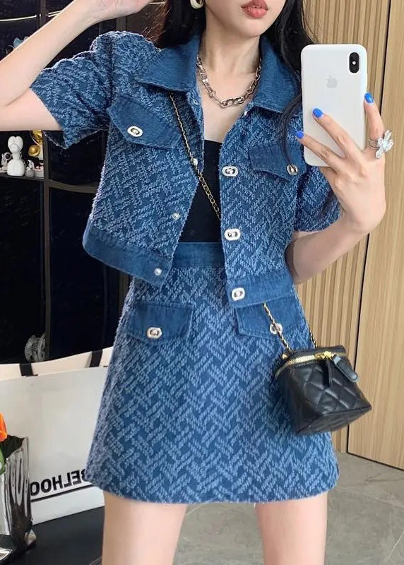 Vogue Blue Peter Pan Collar Print Coats and Shorts Two Pieces Set Summer