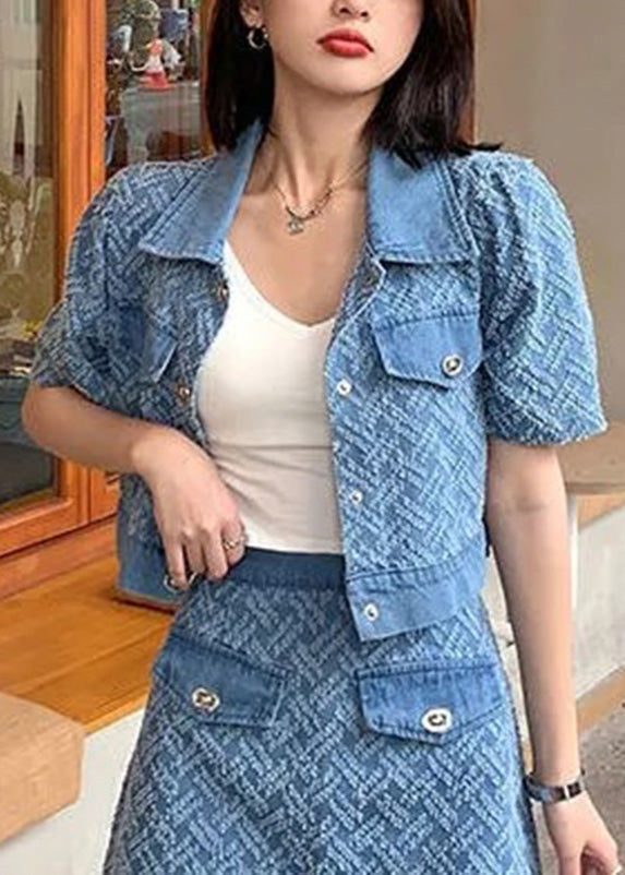 Vogue Blue Peter Pan Collar Print Coats and Shorts Two Pieces Set Summer
