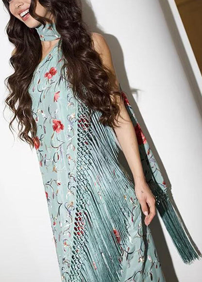 Vogue Green Asymmetrical Tasseled Print Cotton Maxi Dresses Sleeveless