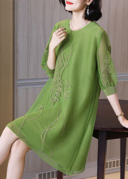 Vogue Green O-neck Embroidered Holiday Tulle Mid Dress Fall