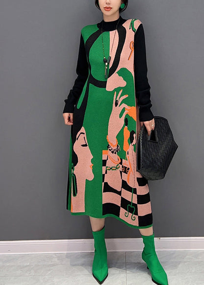Vogue Green O-neck Print Knit Maxi Dress Fall