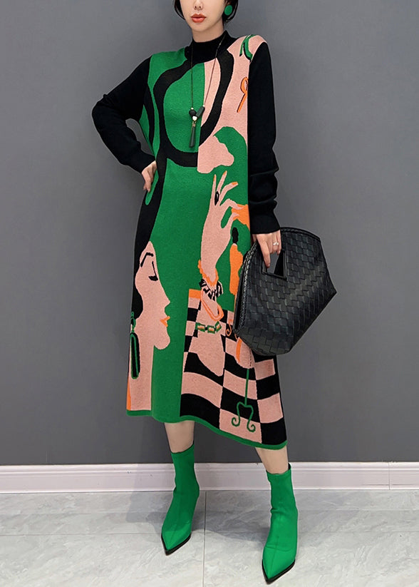 Vogue Green O-neck Print Knit Maxi Dress Fall