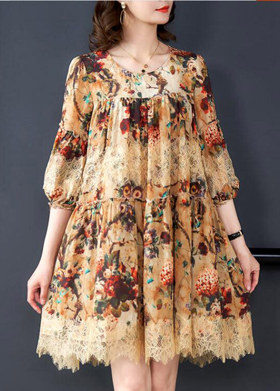 Vogue O-neck Print Wrinkled Lace Patchwork Silk Mid Dress Long Sleeve