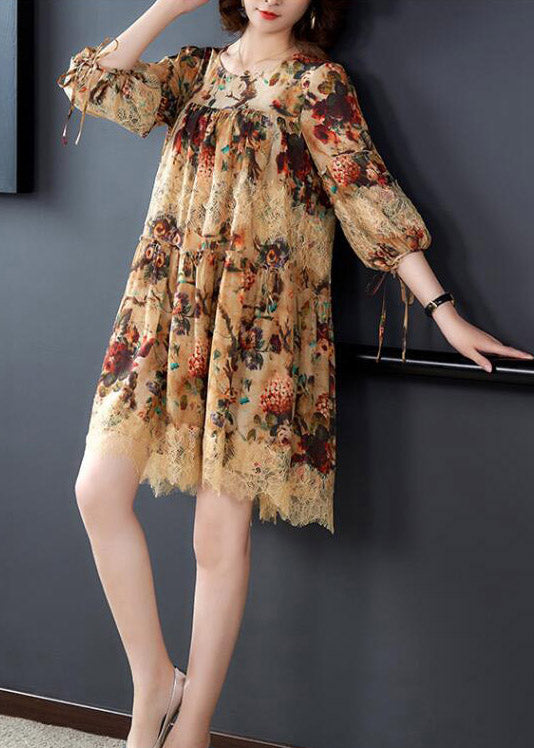 Vogue O-neck Print Wrinkled Lace Patchwork Silk Mid Dress Long Sleeve