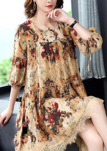 Vogue O-neck Print Wrinkled Lace Patchwork Silk Mid Dress Long Sleeve