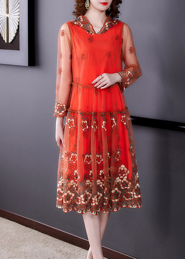 Vogue Orange Embroidered Tulle Hooded Long Dresses Spring
