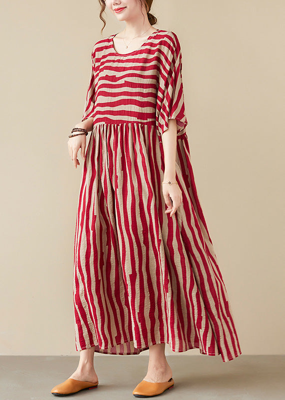 Vogue Red Striped O-neck Long Dresses Short Sleeve