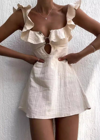 Vogue Beige Ruffled Patchwork Cotton Mini Dress Summer
