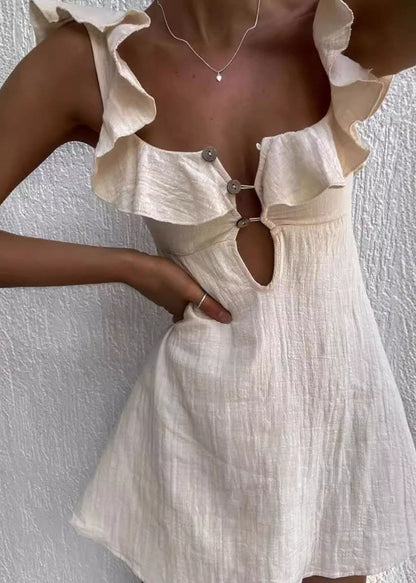 Vogue Beige Ruffled Patchwork Cotton Mini Dress Summer