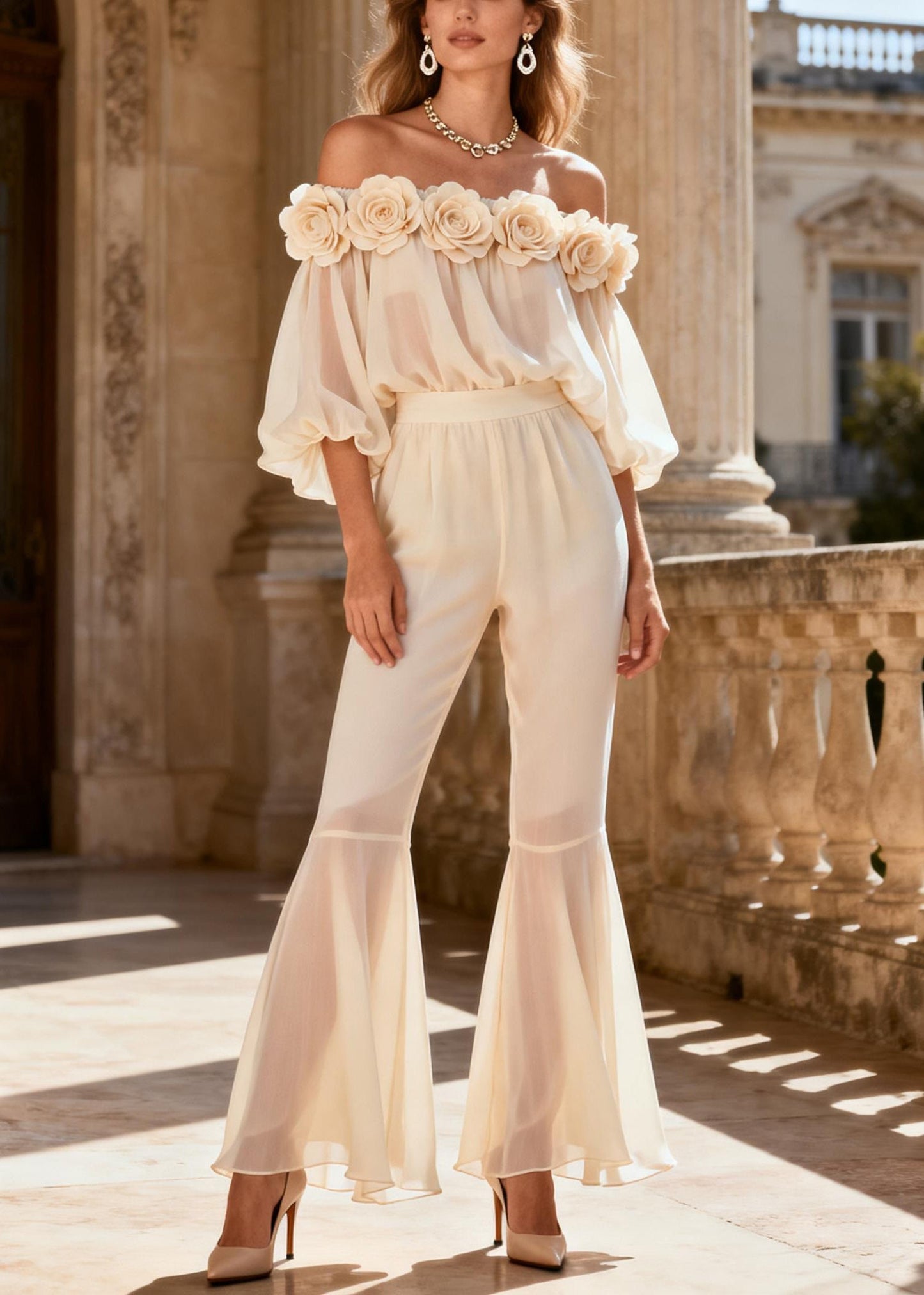 Vogue White Chiffon Shirts and Flared Trousers Two Piece Set Spring